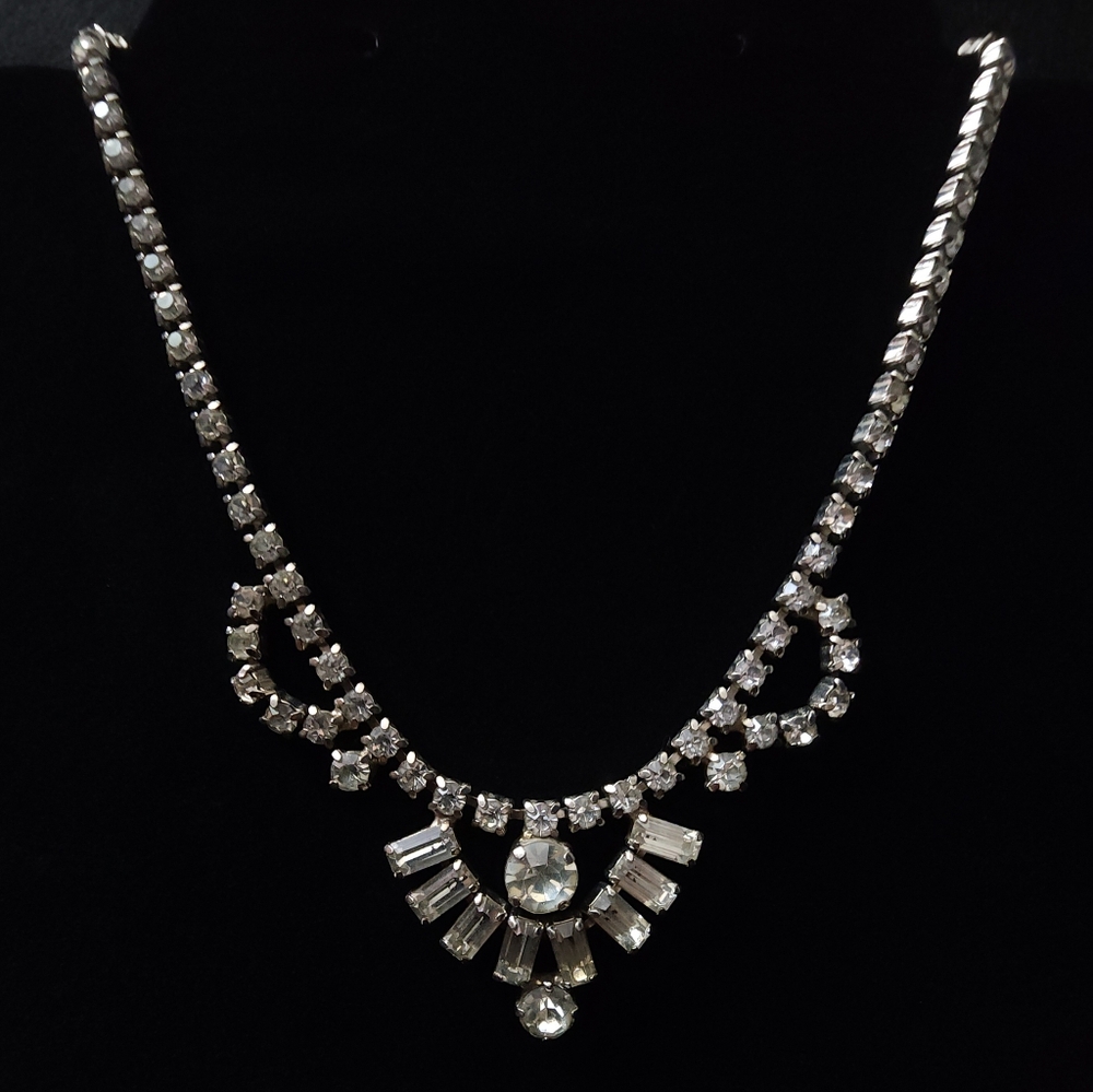 Vintage Glass Rhinestone Silver Choker Necklace